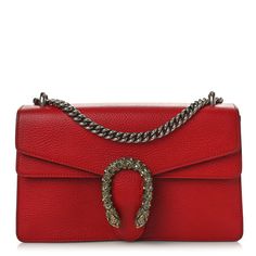 This is an authentic GUCCI Dollar Calfskin Swarovski Crystal Small Dionysus Shoulder Bag in Hibiscus Red. This bag is crafted oftextured calfskin leather in red. This shoulder bag features an aged silver chain shoulder strap and a textured aged gold horseshoe closure with crystals and and tiger heads at the ends. This opens to a partitioned beige fabricinterior with a central zipper pocket. Elegant Gucci Soft Leather Bags, Gucci Luxury Soft Leather Shoulder Bag, Luxury Gucci Shoulder Bag In Soft Leather, Gucci Soft Leather Bag For Formal Occasions, Luxury Gucci Soft Leather Shoulder Bag, Gucci Evening Bags With Leather Lining, Gucci Soft Leather Top Handle Shoulder Bag, Gucci Soft Leather Rectangular Shoulder Bag, Gucci Textured Leather Formal Bag