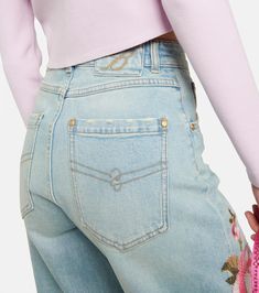 Embroidered High Rise Straight Jeans in Blue - Blumarine | Mytheresa Trendy Straight Leg Pants With Floral Embroidery, Spring Floral Embroidery Wide Leg Flare Jeans, High Rise Jeans With Floral Embroidery, High Rise Floral Embroidered Jeans, High Rise Straight Jeans, Polyvinyl Chloride, Color Names, Denim Fashion, Straight Jeans