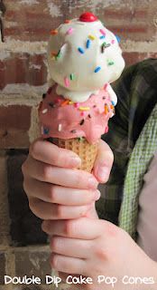 a person holding an ice cream cone with sprinkles on it and the words double dip cake pop cones