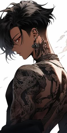 a man with tattoos and piercings on his back is looking down at the ground