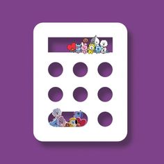 a purple background with a white calculator that has cartoon characters on the side