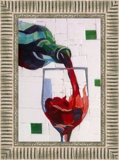 a painting of a wine glass being filled with red wine