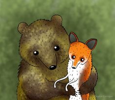 a drawing of a fox and a bear hugging each other in front of a green background