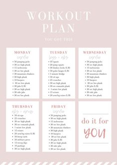 the workout plan is shown in pink, white and gray with text that reads do it for