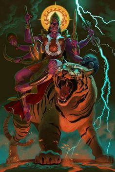 a woman riding on the back of a tiger in front of a lightning filled sky