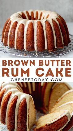 a bundt cake with white icing on top and sliced in half next to it