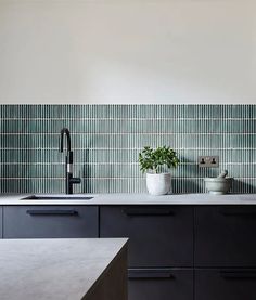 a kitchen with black cabinets and green tile backsplash, potted plant on the counter