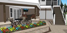 an artist's rendering of a patio with flowers in the foreground