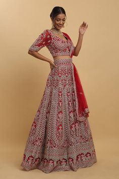 Red attached can-can lehenga featuring floral embroidery all over. Paired with a co-ordinating padded blouse and an embroidered dupatta. - Aza Fashions Red Semi-stitched Kundan Sets, Designer Red Kundan Sets, Red Kundan Designer Wear Sets, Red Floor-length Lehenga With Cutdana, Red Lehenga With Resham Embroidery For Navratri, Red Floor-length Sets With Zari Work, Red Semi-stitched Floor-length Lehenga, Bollywood Style Red Floor-length Lehenga, Red Bollywood Style Floor-length Lehenga