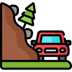 a red car driving down a hill with a tree on it's side and a road sign in the foreground