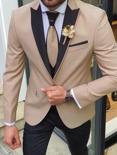 Wedding Suits Men Black, Tan Suit, Flower Chain