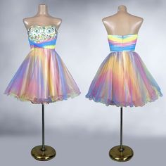 This Is The Most Amazing Vintage Y2k/2000's Formal Party Dress Made By "Cire, A Division Of Landa". It Is Made Of 3 Layers Of Rainbow "Popsicle" Tulle With A Light-Yellow Satin Lining. The Bodice Is Strapless And Fully Boned Like A Bustier And Is Embellished With Colorful Gems And Beading. It Features A Sweetheart Neckline And A Fitted Waist. The Sweep Is Mini Length, And The Tulle Hem Is Edged With Stiffeners That Make It Curl And Stand Out Very Full Like A Tutu. This Is A Candyland Dream Dress That Was Discontinued By The Maker Many Years Ago And Retailed For $300! If You're Looking To Make A Statement When You Walk Into The Room, Look No Further! Labeled A Size 6 - Vintage Sizes Are Multicolor Cocktail Dress For Prom Season, Multicolor Prom Dress For Party Season, Multicolor Dresses For Prom And Party Season, Multicolor Strapless Dress For Party Season, Multicolor Sleeveless Prom Dress, Multicolor Mini Dress For Party Season, Multicolor Strapless Prom Dress, Tutu Party, Yellow Satin