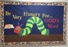 the very hungry for god's word bulletin board is decorated with brightly colored beads