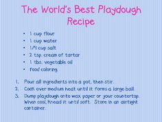 the world's best playdoug recipe on a blue background with pink lettering