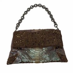 Devi Kroell Iridescent Python Dark Brown 12 1/2” X 8” X 1-2” Suede Area Has Gorgeous Gemstones All Over!! This Is A Very Special And Stunning Bag!! It Is A Bag You Will Wear And Cherish For Many Years!! Devi Kroell Uses The Most Gorgeous Exotic Skins And Everything Is Really Special. Chain Can Be Removed And Bag Worn As A Clutch. Comes With Dust Bag. Made In Italy. I Bought This At The Sample Sale For $746 + Tax. It Retails For $1790 Embellished Leather Rectangular Shoulder Bag, Designer Brown Bag For Party, Brown Designer Bag For Party, Designer Brown Party Bag, Designer Brown Party Bags, Designer Evening Bag With Magnetic Closure, Designer Evening Bag With Magnetic Closure For Party, Designer Party Shoulder Bag With Magnetic Closure, Designer Party Evening Bag With Magnetic Closure