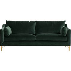 a green velvet couch with two pillows on it's arms and legs, against a white background