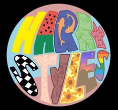 an image of the word happy written in different colors and patterns on a round sticker