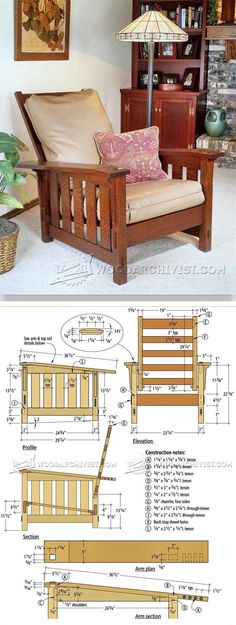 the plans for a wooden chair are shown in two different views, one with an ottoman and