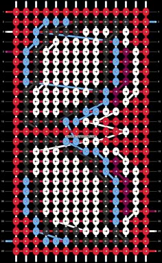 the cross stitch pattern is shown in red, white and blue with black dots on it