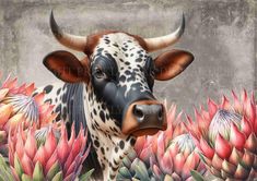 a painting of a cow surrounded by flowers