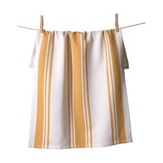 a yellow and white striped towel hanging on a clothes line