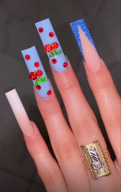 Beach Nails Art, Coffin Nail Designs, 2023 Nail, Nails Art Ideas, Pointy Nails, Long Acrylic Nail Designs, Cherry Nails, Cute Acrylic Nail Designs, Coffin Shape Nails