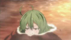 an anime character with green hair in the sky and clouds behind her is looking at the camera