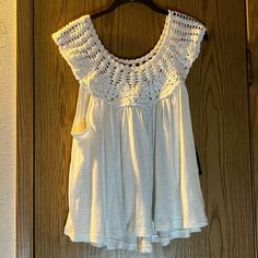 Cute Ladies Top Lucky Brand Sz L Crocheted Around The Neck Chest Shoulder Area Very Soft, Beautiful Top Nwt White Crochet Top For Day Out, White Knit Top With Crochet Trim For Summer, Casual Off White Spring Knit Top, Casual Off White Cotton Blouse, White Summer Knit Top, Casual Crochet Top With Short Sleeves, Casual Beige Crochet Top With Short Sleeves, White Summer Knit Top For Vacation, White Knit Top For Summer Vacation