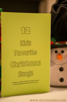 a yellow christmas card with the words 12 kids favorite christmas songs written on it next to a snowman