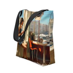 A trendy and spacious tote bag that's perfect for carrying all your essentials with style and comfort. Stay organized on the go and enjoy FREE SHIPPING to the US, Canada, EU, and UK. The artwork This artwork captures a peaceful moment within a cozy, sunlit café, set against the lively backdrop of a bustling cityscape. The striking contrast between the tranquil interior and the dynamic exterior is artfully captured, offering a blend of serenity and urban sophistication. The tote bag Our tote bag Everyday Tote Bag With Artwork, Everyday Artwork Tote Bag, Artsy Rectangular Canvas Travel Bag, Artistic Large Capacity Canvas Travel Bag, Artistic Travel Tote Canvas Bag, Artistic Tote Canvas Bag For Travel, Artistic Shoulder Bag For Travel, Artistic Tote Shoulder Bag For Travel, Artistic Large Capacity Shoulder Bag For Travel