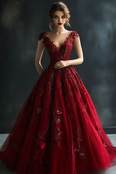 Autumn Ball Gown, Fantasy Gowns Red, Red Ball Gown Elegant, Red Fantasy Dress Queens, Christmas Ball Gowns, Red Fantasy Gown, Dark Red Ball Gown, Red Ballgown