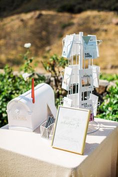 a mailbox and some signs on a table