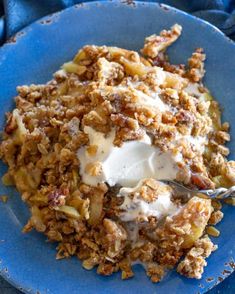 a blue plate topped with granola and ice cream