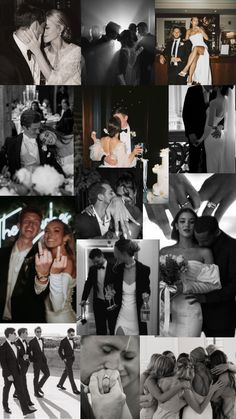 black and white collage of people dressed in formal wear, wedding dresses, and tuxedos