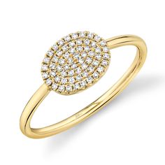 From Shy Creation, this dazzling ring is a must-have for your jewelry collection. This ring features a circle of round pave set diamonds encased in 14k yellow gold and can be worn alone or paired with other stackable rings for a trendy look. Ring measures 12.5mm across the top and 1.5mm across the bottom. Diamonds are 1/6ctw, H or better in color, and SI1 or better in clarity. Oval Diamond Promise Ring With Pave Setting, Diamond Rings Design, Pave Diamond Ring, Pave Ring, Pinky Ring, Yellow Gold Ring, A Circle, Rose Gold Diamonds, Oval Diamond