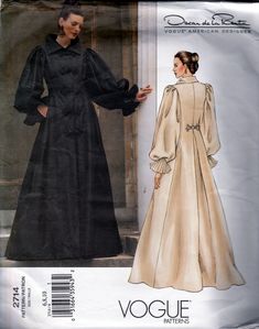 Fitted, flared, lined coatdress, floor length, has collar, shoulder pads, front extending to side back no side seams, front and back pleats, conceal side front pockets, snap closing and longer than regular length sleeves with pleated cap and lower edge; pleated and gathered ruffles with binding. Purchased decorative frog closures for front and back. This sewing pattern is out-of-print, uncut, factory folded, complete with instructions. Vogue Sewing, Vogue Sewing Patterns, Vogue Pattern, Vogue Patterns, Womens Sewing Patterns, Mesa Az, Fashion Sewing Pattern, Sewing Pattern Sizes, Dress Sewing Pattern