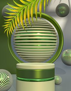 a green and white object with some balls in the background, including a palm leaf