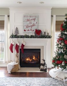 a decorated christmas tree in front of a fireplace