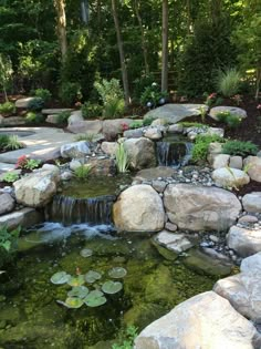 a small pond surrounded by rocks and water lilies