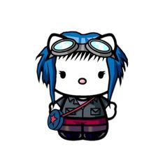 a cartoon character with blue hair wearing goggles and holding a small object in her hand