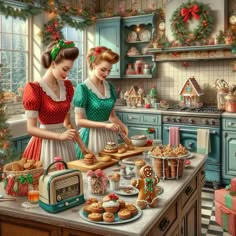 two women preparing food in a kitchen with christmas decorations on the counter and around them