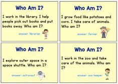 four cards with different words and pictures on them, one says who am i?