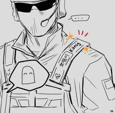 a drawing of a person wearing sunglasses and holding a badge