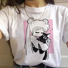 Sailor Moon Funny, Kawaii Tops, 90s Funny, Sailor Moon Girls, Cat Anime, Aesthetic Cat, Anime Tshirt, Vintage Clothing Stores, Anime Shirt