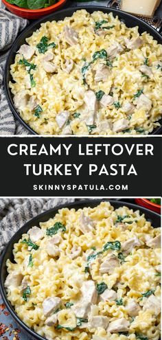 creamy leftover turkey pasta in a skillet