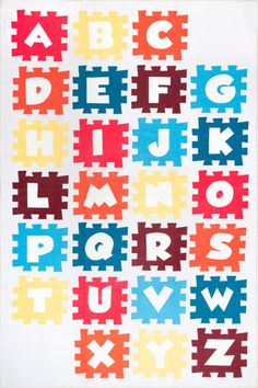 the alphabet is made up of different colors and shapes, including letters that appear to be puzzles