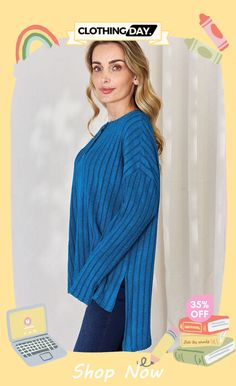 Basic Bae Full Size Ribbed Half Button Long Sleeve High-low T-shirt Crew Neck Tops With Buttons For Loungewear, Crew Neck Buttoned Tops For Loungewear, Casual Winter Tops With Henley Neckline, Casual Henley Neckline Winter Top, Casual Ribbed Top With Henley Neckline, Solid Knit Top With Buttons, Solid Knit Tops With Buttons, Trendy Blue Top With Ribbed Collar, Button Long Sleeve