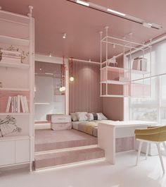 a room with pink walls and stairs leading up to the bed in front of it