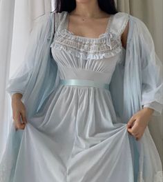 Wendy Darling Nightgown, Victorian Pajamas Nightgowns, Vintage Nightgown Photoshoot, Regency Era Nightgown, Fairytale Nightgown, Blue Vintage Nightgown, 1800s Nightgown, Vintage Nightgown Aesthetic, Modest Nightgown