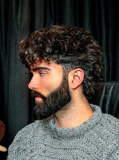 Fringe Curly Hair Men, Curl Men Hairstyles, Beard Long Hair, Curly Hair Bearded Men, Mullet With Beard, Mens Medium Length Hairstyles Curly, Wavy Hairstyles For Men, Men’s Curly Mohawk, Curly Hair Men With Mustache